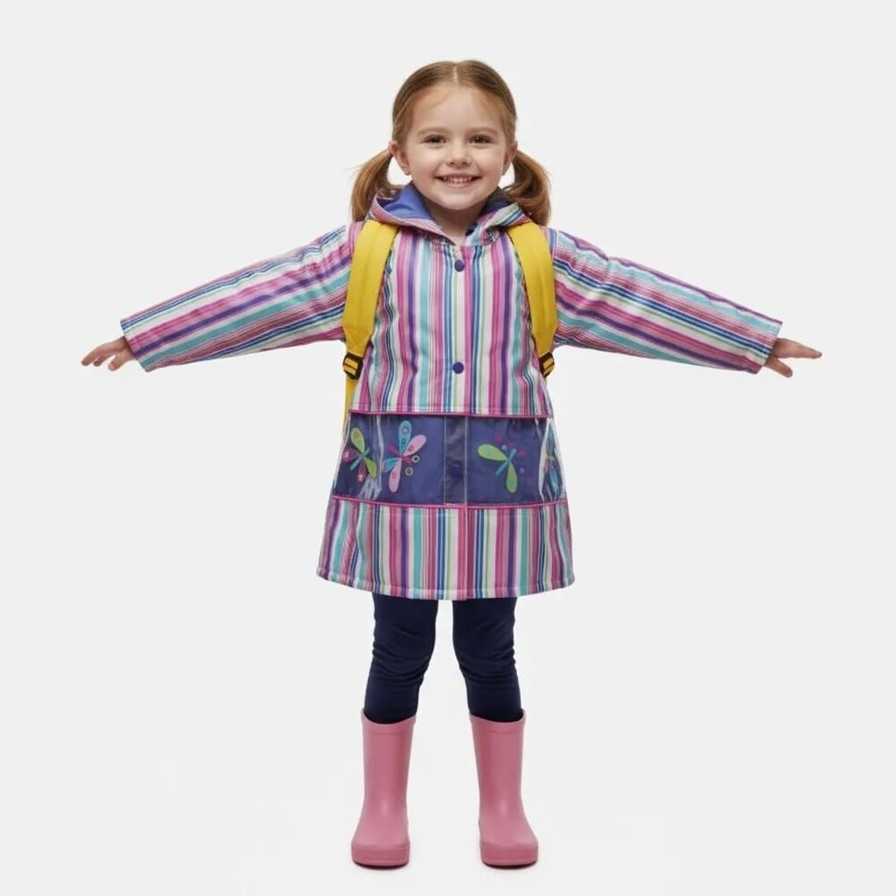 Clockwise Kids Multicolor Vertical Stripes Butterflies Print Raincoat Size 3T‎
